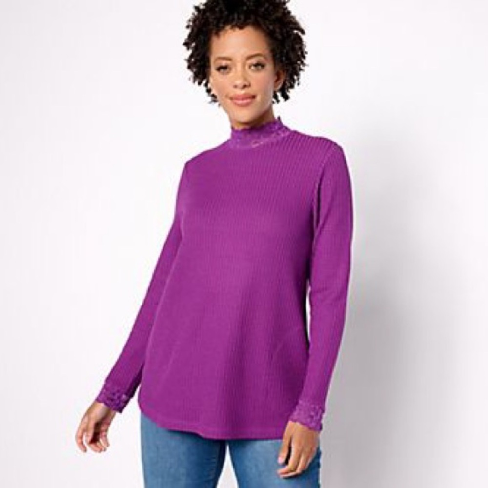 LOGO by Lori‎ Goldstein waffle metallic Grape Purple Long Sleeve Top Small